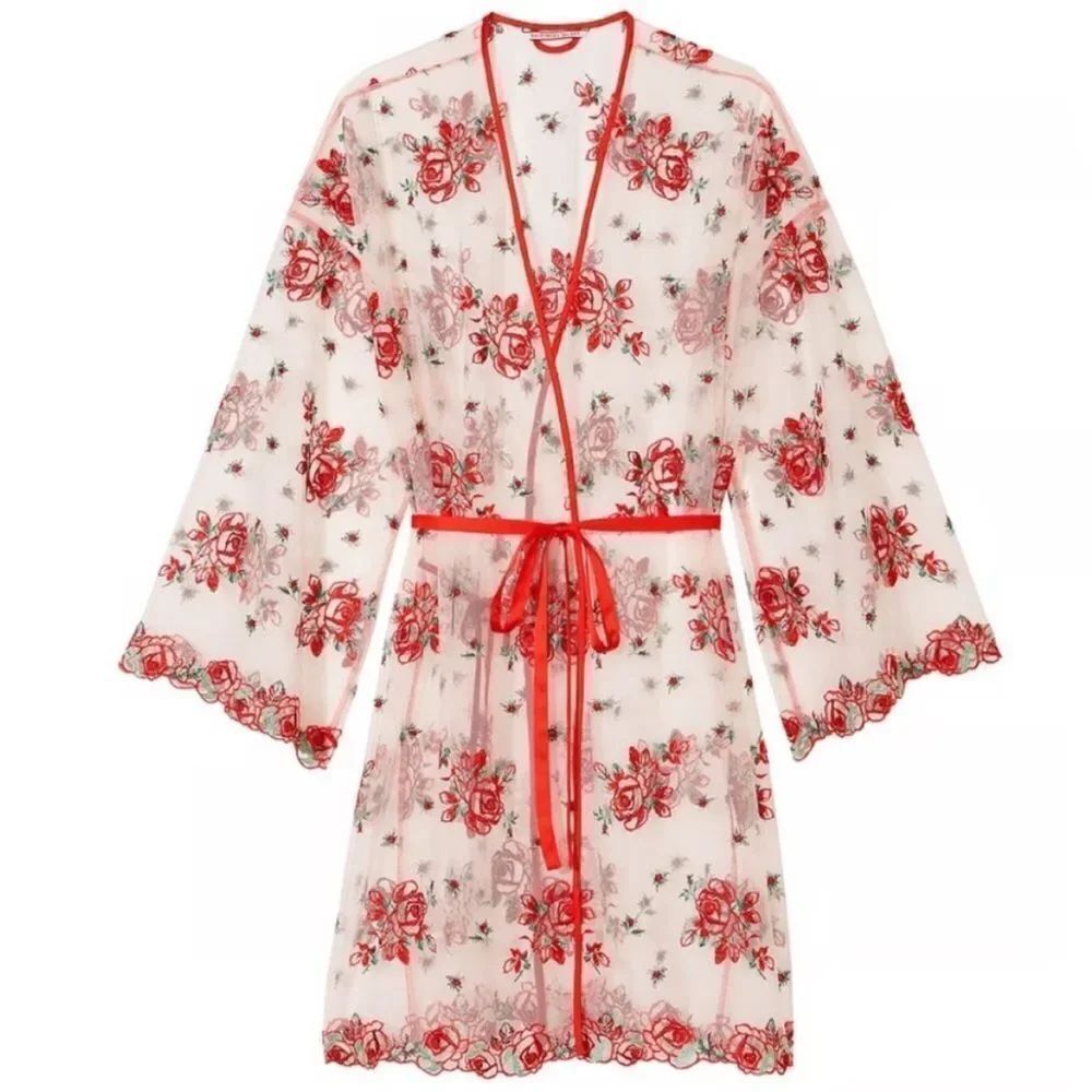 Victoria’s Secret Floral Embroidered Sheer Kimono Belt Robe
